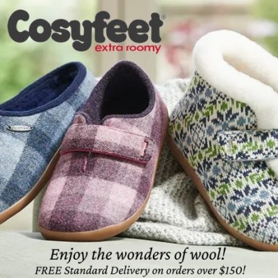 Cosyfeet started in 1983 with an idea, to make charming, extra roomy footwear for swollen feet. We’ve expanded our range so now there’s something for everyone. Also ultra-comfy socks and hosiery, prime foot care solutions and innovative mobility products.