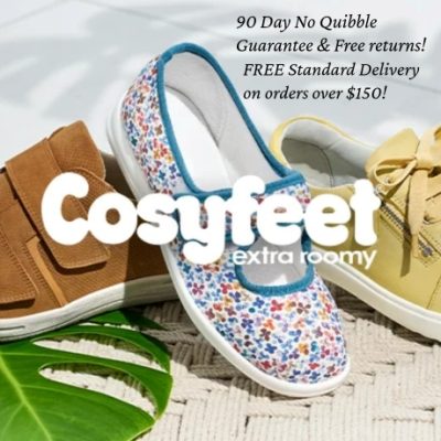Cosyfeet started in 1983 with an idea, to make charming, extra roomy footwear for swollen feet. We’ve expanded our range so now there’s something for everyone. Also ultra-comfy socks and hosiery, prime foot care solutions and innovative mobility products.